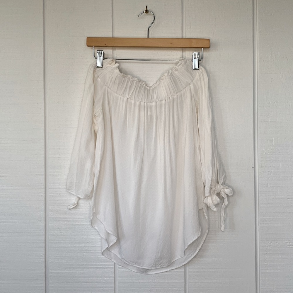 Semi-sheer Off-the-Shoulder White Blouse w/ 3/4 Sleeves